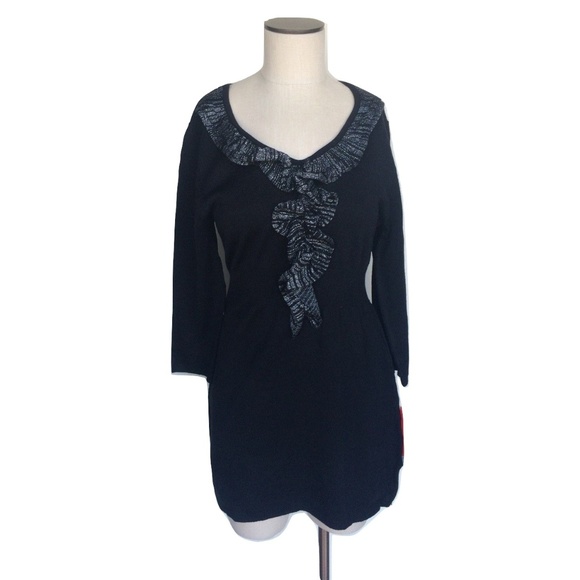 NWT Elementz Metallic Ruffle Black V-Neck Sweater - Picture 1 of 3